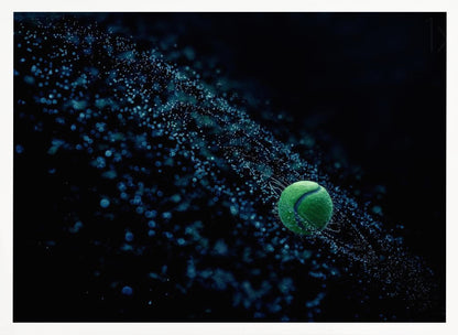 A high-speed photograph captures a spinning green tennis ball against a black background, with a dramatic spray of blue-lit water droplets flying off it in a cosmic-like spiral. Artwork
