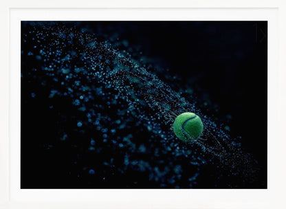 A high-speed photograph captures a spinning green tennis ball against a black background, with a dramatic spray of blue-lit water droplets flying off it in a cosmic-like spiral. Artwork