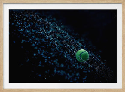 A high-speed photograph captures a spinning green tennis ball against a black background, with a dramatic spray of blue-lit water droplets flying off it in a cosmic-like spiral. Artwork