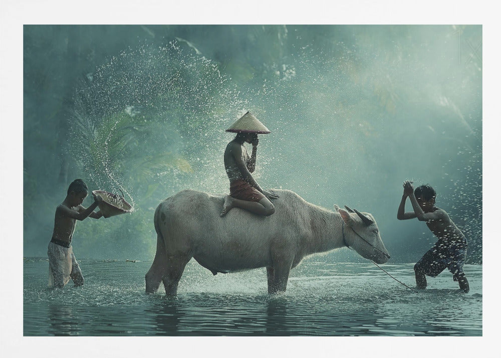 A serene photograph of three young boys playing in a river with a large water buffalo, one boy sits atop the animal while the others splash water, all set against a misty green backdrop and framed in silver. Print