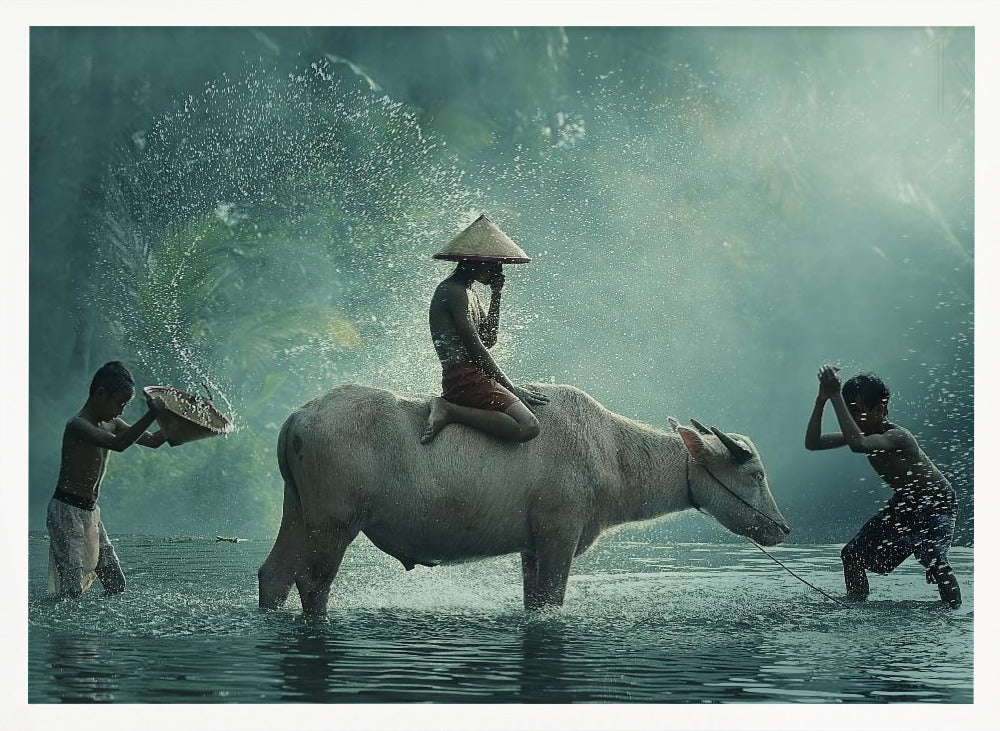 A serene photograph of three young boys playing in a river with a large water buffalo, one boy sits atop the animal while the others splash water, all set against a misty green backdrop and framed in silver. Print
