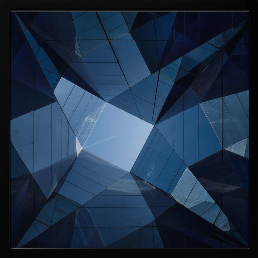 A framed, low-angle photograph looking up towards the sky, surrounded by the reflective blue glass facades of modern buildings which create a kaleidoscopic, geometric pattern. Print