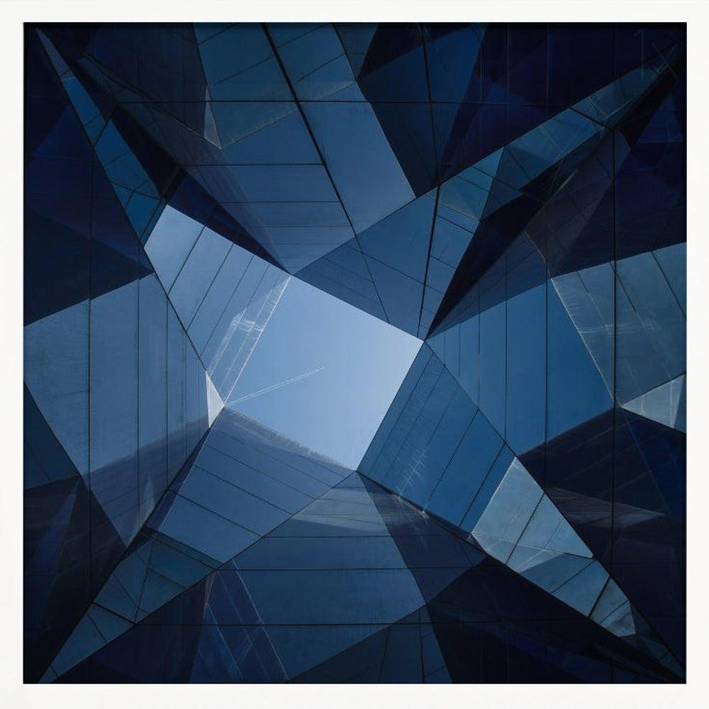 A framed, low-angle photograph looking up towards the sky, surrounded by the reflective blue glass facades of modern buildings which create a kaleidoscopic, geometric pattern. Print