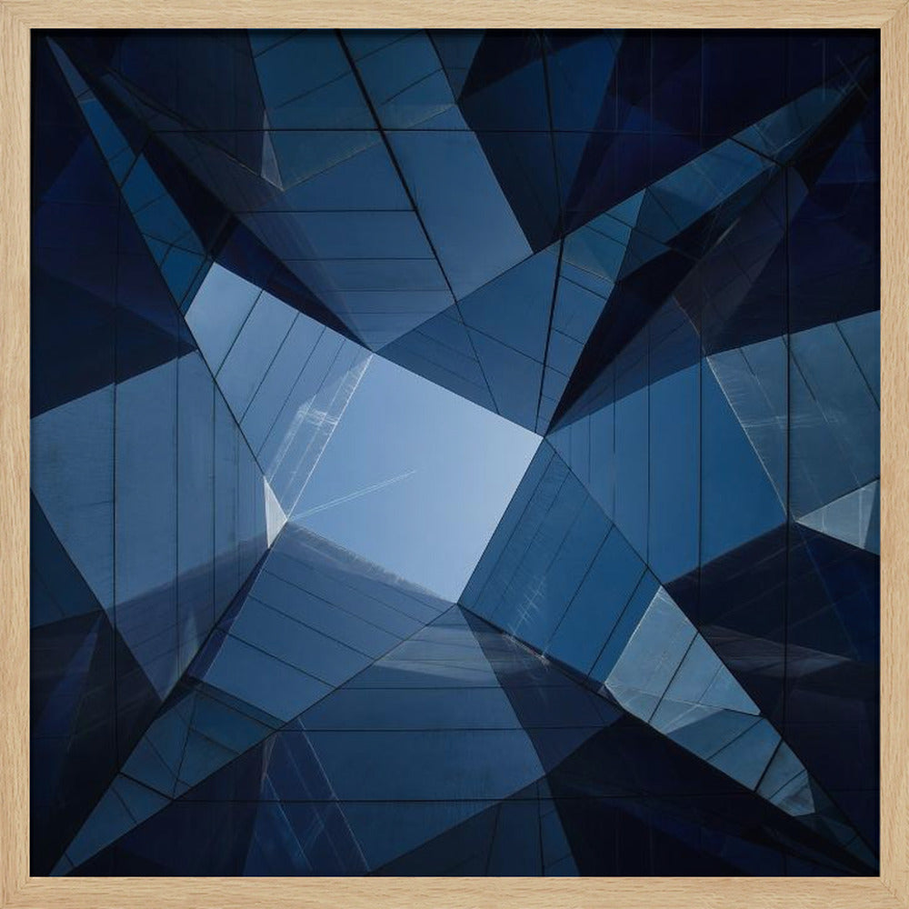 A framed, low-angle photograph looking up towards the sky, surrounded by the reflective blue glass facades of modern buildings which create a kaleidoscopic, geometric pattern. Print