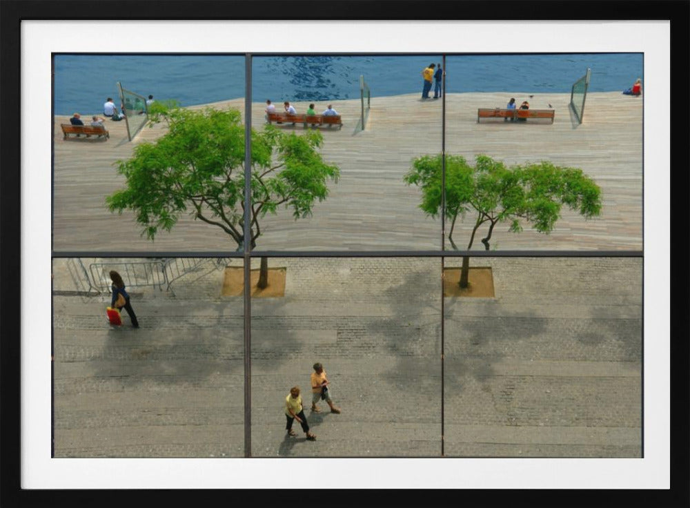 A framed, multi-pane window view showing a composite urban scene. The top panes reflect a sunny day on a wooden boardwalk by blue water, with people relaxing and green trees. The bottom panes show a direct view of a paved street below, with a few pedestrians walking. The window mullions create a grid that divides the distinct scenes. Wall Art