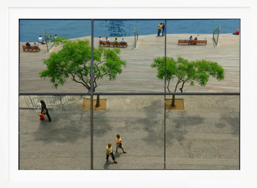 A framed, multi-pane window view showing a composite urban scene. The top panes reflect a sunny day on a wooden boardwalk by blue water, with people relaxing and green trees. The bottom panes show a direct view of a paved street below, with a few pedestrians walking. The window mullions create a grid that divides the distinct scenes. Wall Art