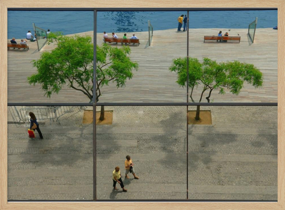 A framed, multi-pane window view showing a composite urban scene. The top panes reflect a sunny day on a wooden boardwalk by blue water, with people relaxing and green trees. The bottom panes show a direct view of a paved street below, with a few pedestrians walking. The window mullions create a grid that divides the distinct scenes. Wall Art