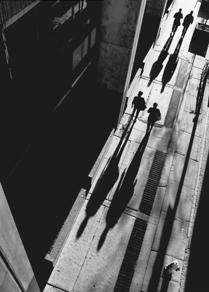 A dramatic high-angle, black and white photograph of several people walking on a sunlit sidewalk, casting long, stark shadows that stretch diagonally across the frame, contrasting with the deep black shadows of the adjacent building. Decor