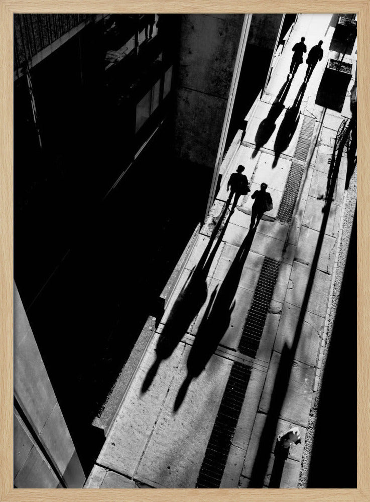 A dramatic high-angle, black and white photograph of several people walking on a sunlit sidewalk, casting long, stark shadows that stretch diagonally across the frame, contrasting with the deep black shadows of the adjacent building. Decor