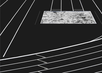 A high-contrast, black and white abstract artwork depicting a running track from an elevated perspective. Stark white lines representing lanes curve across a solid black background. In the upper portion, a rectangular shape filled with a textured, water-like pattern replaces a typical sand pit. The entire piece is presented within a silver frame. Print