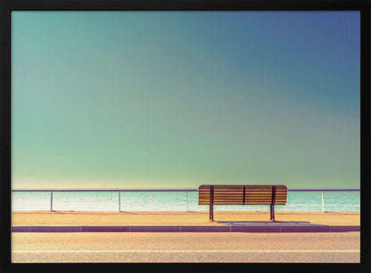 A minimalist, retro-toned photograph of a solitary wooden bench on a sunlit seaside promenade, overlooking a calm turquoise ocean under a vast, clear blue-green sky. Poster