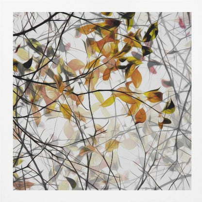 An abstract artwork in a light wood frame featuring a dense tangle of black and grey branches interwoven with soft, glowing autumn leaves in shades of orange and yellow against a white background. Poster