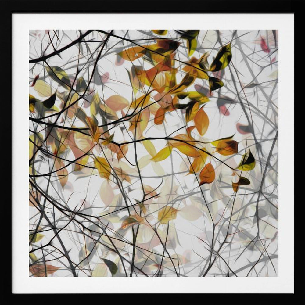 An abstract artwork in a light wood frame featuring a dense tangle of black and grey branches interwoven with soft, glowing autumn leaves in shades of orange and yellow against a white background. Poster