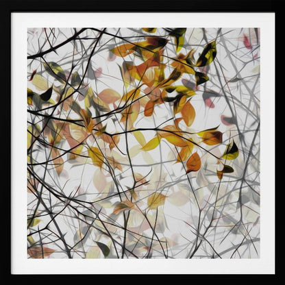 An abstract artwork in a light wood frame featuring a dense tangle of black and grey branches interwoven with soft, glowing autumn leaves in shades of orange and yellow against a white background. Poster