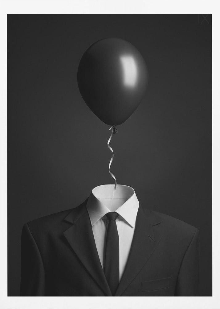 A surreal black and white photograph of a man's suit and tie with a single black balloon floating where the head should be. The curly ribbon from the balloon descends into the white shirt collar. Decor
