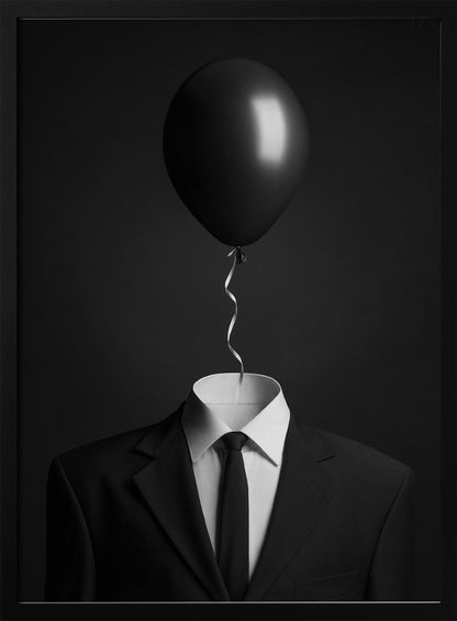 A surreal black and white photograph of a man's suit and tie with a single black balloon floating where the head should be. The curly ribbon from the balloon descends into the white shirt collar. Decor
