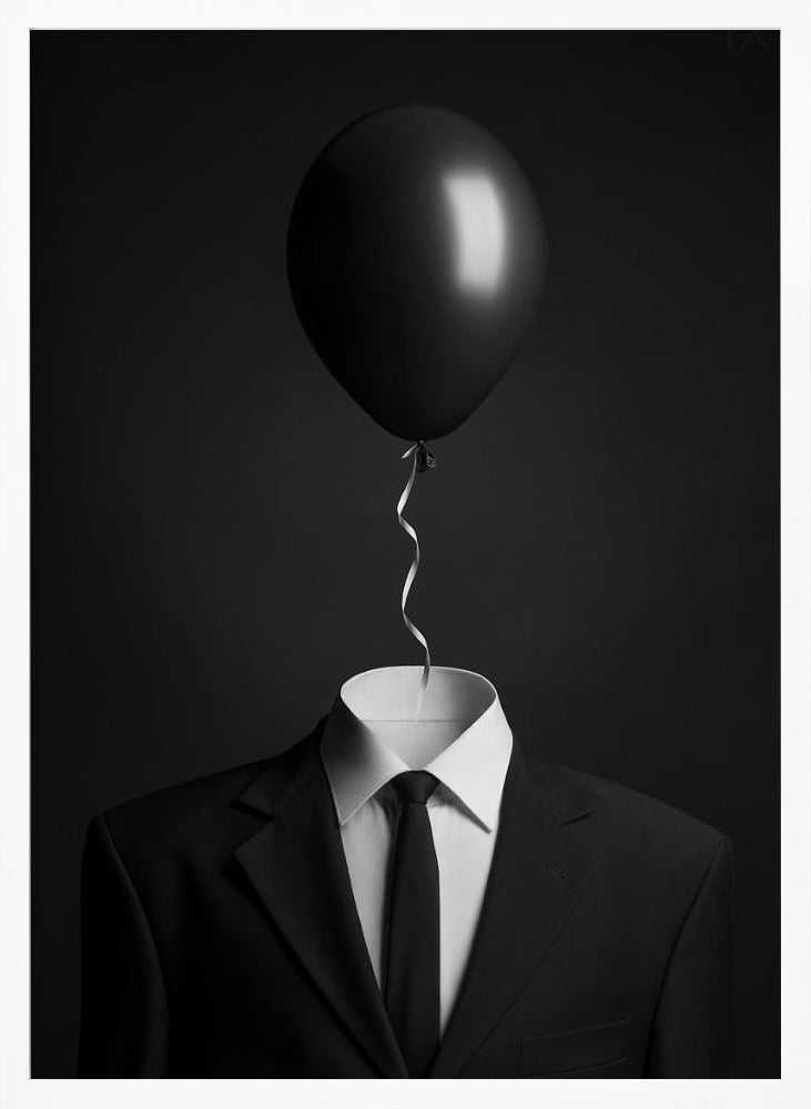 A surreal black and white photograph of a man's suit and tie with a single black balloon floating where the head should be. The curly ribbon from the balloon descends into the white shirt collar. Decor