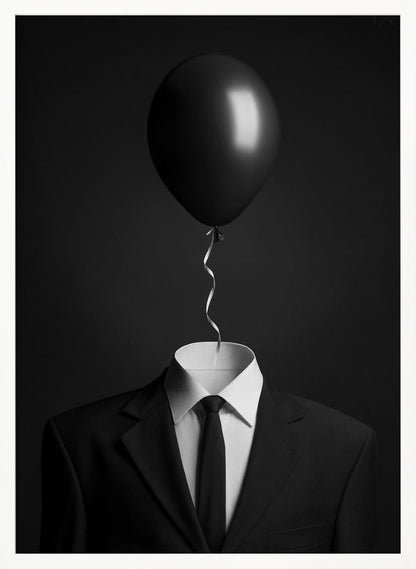 A surreal black and white photograph of a man's suit and tie with a single black balloon floating where the head should be. The curly ribbon from the balloon descends into the white shirt collar. Decor