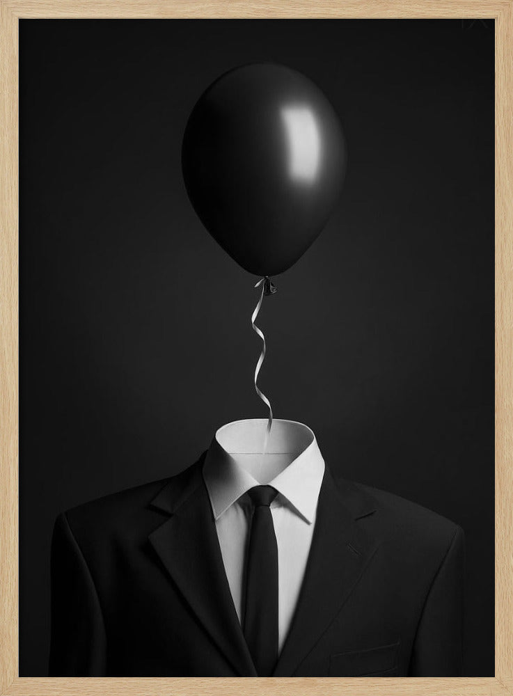 A surreal black and white photograph of a man's suit and tie with a single black balloon floating where the head should be. The curly ribbon from the balloon descends into the white shirt collar. Decor