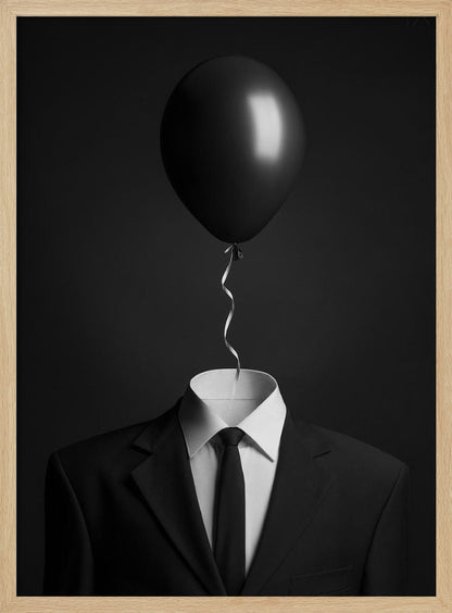A surreal black and white photograph of a man's suit and tie with a single black balloon floating where the head should be. The curly ribbon from the balloon descends into the white shirt collar. Decor