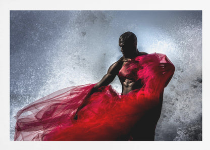 A dramatic photograph of a muscular Black man, mostly in shadow, holding a voluminous, sheer red fabric against a backdrop of splashing white water. The image is encased in a silver frame. Poster