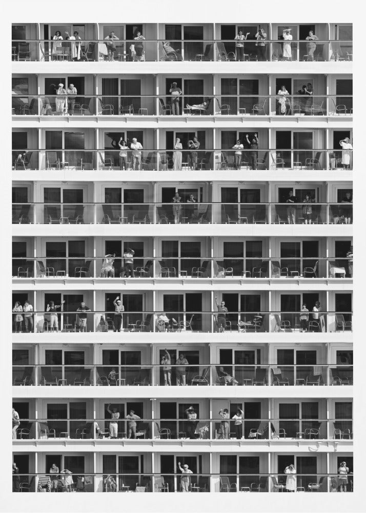 A black and white, high-contrast photograph of the side of a cruise ship, showing a grid of balconies across multiple decks. Various passengers are visible on their balconies, some waving, some relaxing, and some observing, creating a pattern of individual human stories within the repetitive architectural structure. Poster