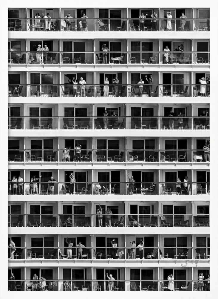 A black and white, high-contrast photograph of the side of a cruise ship, showing a grid of balconies across multiple decks. Various passengers are visible on their balconies, some waving, some relaxing, and some observing, creating a pattern of individual human stories within the repetitive architectural structure. Poster