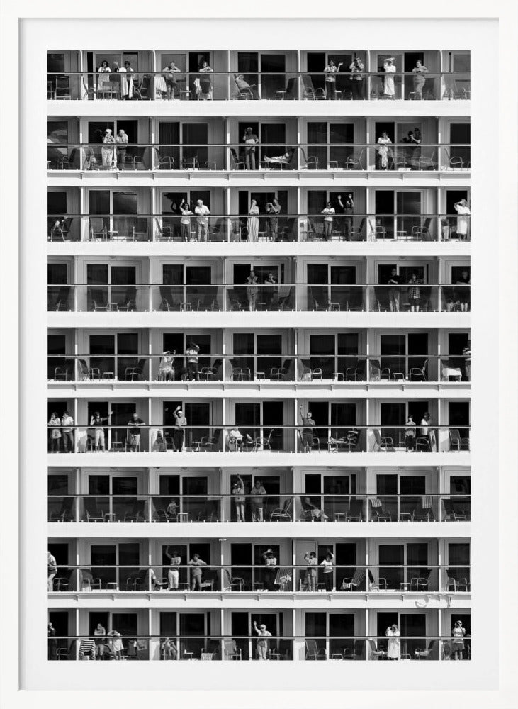 A black and white, high-contrast photograph of the side of a cruise ship, showing a grid of balconies across multiple decks. Various passengers are visible on their balconies, some waving, some relaxing, and some observing, creating a pattern of individual human stories within the repetitive architectural structure. Poster