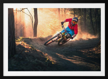 A mountain biker in a red shirt, blue shorts, and full-face helmet leans sharply into a dusty turn on a dirt trail in a forest. The setting sun casts a warm, golden light through the trees, creating a dramatic, backlit effect. Wall Art