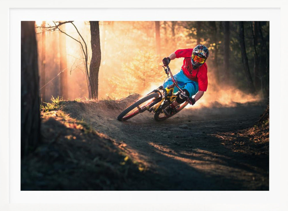 A mountain biker in a red shirt, blue shorts, and full-face helmet leans sharply into a dusty turn on a dirt trail in a forest. The setting sun casts a warm, golden light through the trees, creating a dramatic, backlit effect. Wall Art