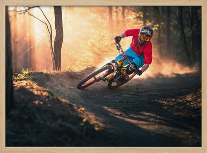 A mountain biker in a red shirt, blue shorts, and full-face helmet leans sharply into a dusty turn on a dirt trail in a forest. The setting sun casts a warm, golden light through the trees, creating a dramatic, backlit effect. Wall Art
