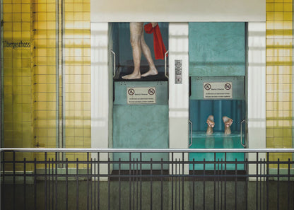 A surreal, framed artwork depicting two teal-colored vertical cabins against a yellow tiled wall. In the left cabin, a person's bare legs are visible as they hold a red towel. In the right cabin, which is filled with water, only a pair of feet can be seen submerged. A black railing is in the foreground, adding to the strange, layered composition. Artwork
