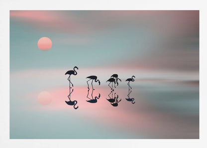 A serene artwork of five black flamingo silhouettes wading in calm water, their reflections mirrored below them. The background is a soft, blurred gradient of pastel pink and teal, with a pale pink sun low in the sky, creating a tranquil sunset scene. Poster