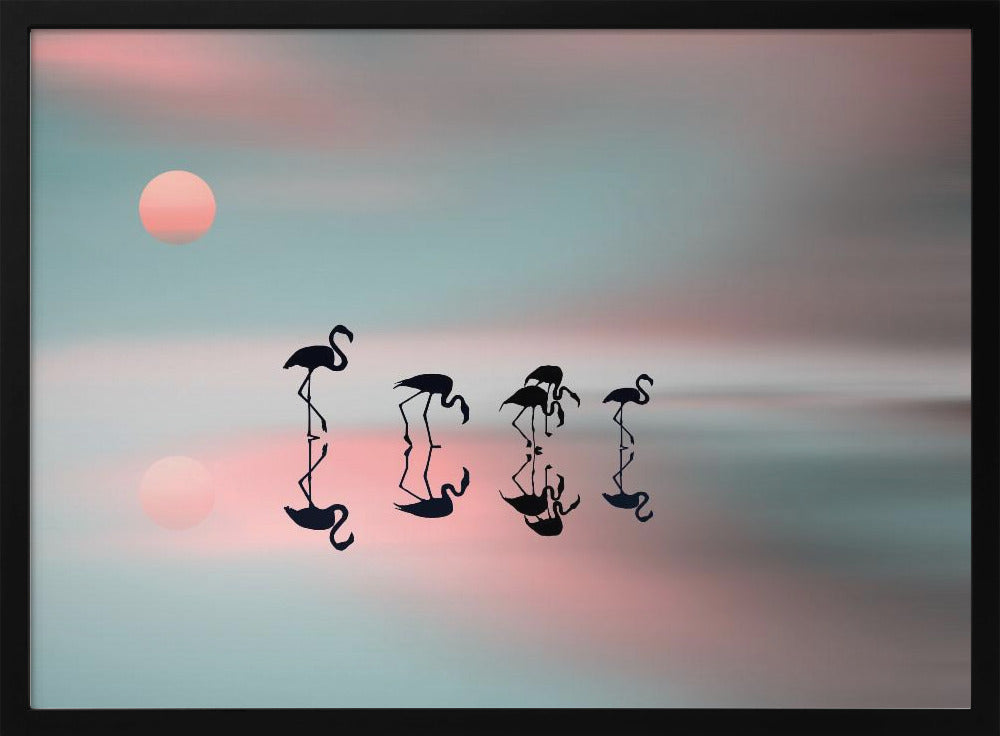 A serene artwork of five black flamingo silhouettes wading in calm water, their reflections mirrored below them. The background is a soft, blurred gradient of pastel pink and teal, with a pale pink sun low in the sky, creating a tranquil sunset scene. Poster