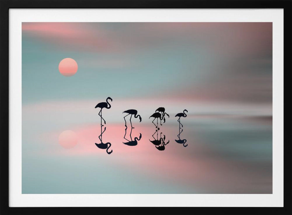 A serene artwork of five black flamingo silhouettes wading in calm water, their reflections mirrored below them. The background is a soft, blurred gradient of pastel pink and teal, with a pale pink sun low in the sky, creating a tranquil sunset scene. Poster