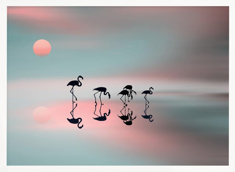 A serene artwork of five black flamingo silhouettes wading in calm water, their reflections mirrored below them. The background is a soft, blurred gradient of pastel pink and teal, with a pale pink sun low in the sky, creating a tranquil sunset scene. Poster