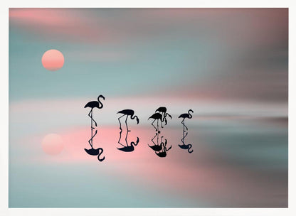 A serene artwork of five black flamingo silhouettes wading in calm water, their reflections mirrored below them. The background is a soft, blurred gradient of pastel pink and teal, with a pale pink sun low in the sky, creating a tranquil sunset scene. Poster