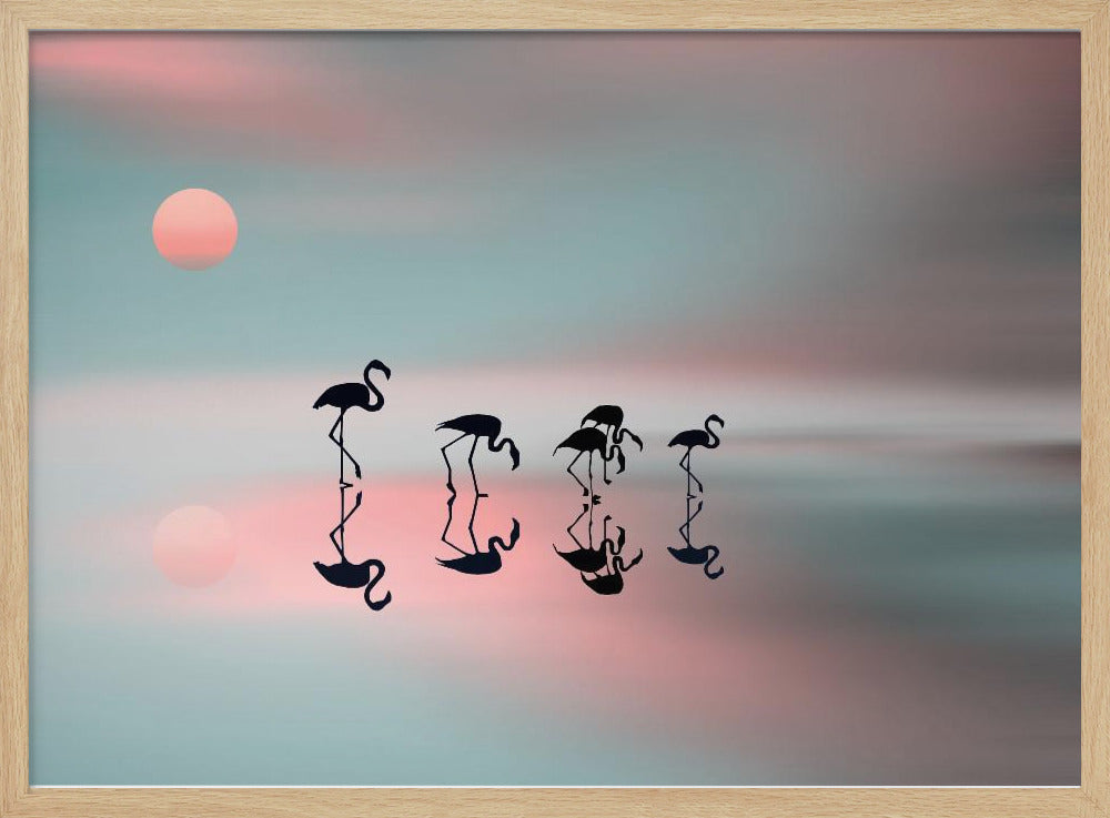 A serene artwork of five black flamingo silhouettes wading in calm water, their reflections mirrored below them. The background is a soft, blurred gradient of pastel pink and teal, with a pale pink sun low in the sky, creating a tranquil sunset scene. Poster