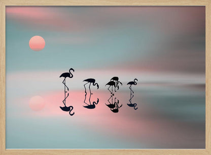 A serene artwork of five black flamingo silhouettes wading in calm water, their reflections mirrored below them. The background is a soft, blurred gradient of pastel pink and teal, with a pale pink sun low in the sky, creating a tranquil sunset scene. Poster