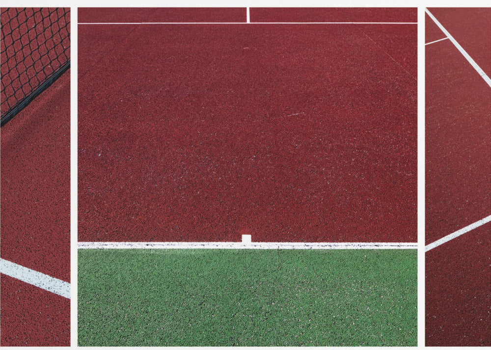 An abstract, framed triptych photograph showing an overhead view of a sports court. The image is divided into panels, featuring geometric blocks of deep red and green court surfaces, intersected by clean white boundary lines and a glimpse of a black net. Decor