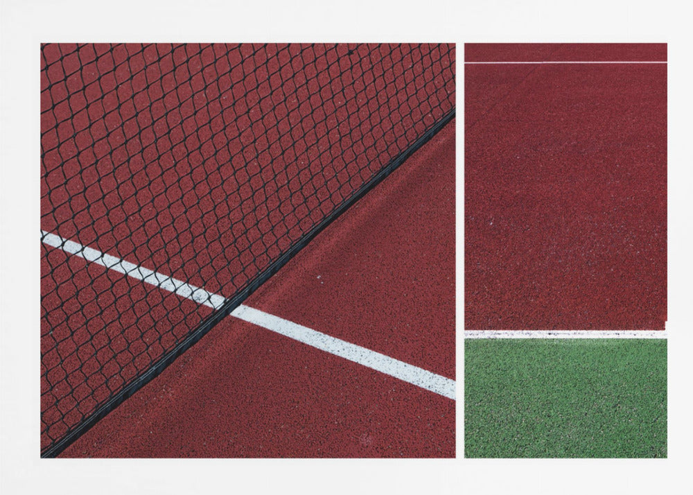 An abstract, framed triptych photograph showing an overhead view of a sports court. The image is divided into panels, featuring geometric blocks of deep red and green court surfaces, intersected by clean white boundary lines and a glimpse of a black net. Decor