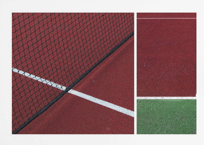 An abstract, framed triptych photograph showing an overhead view of a sports court. The image is divided into panels, featuring geometric blocks of deep red and green court surfaces, intersected by clean white boundary lines and a glimpse of a black net. Decor