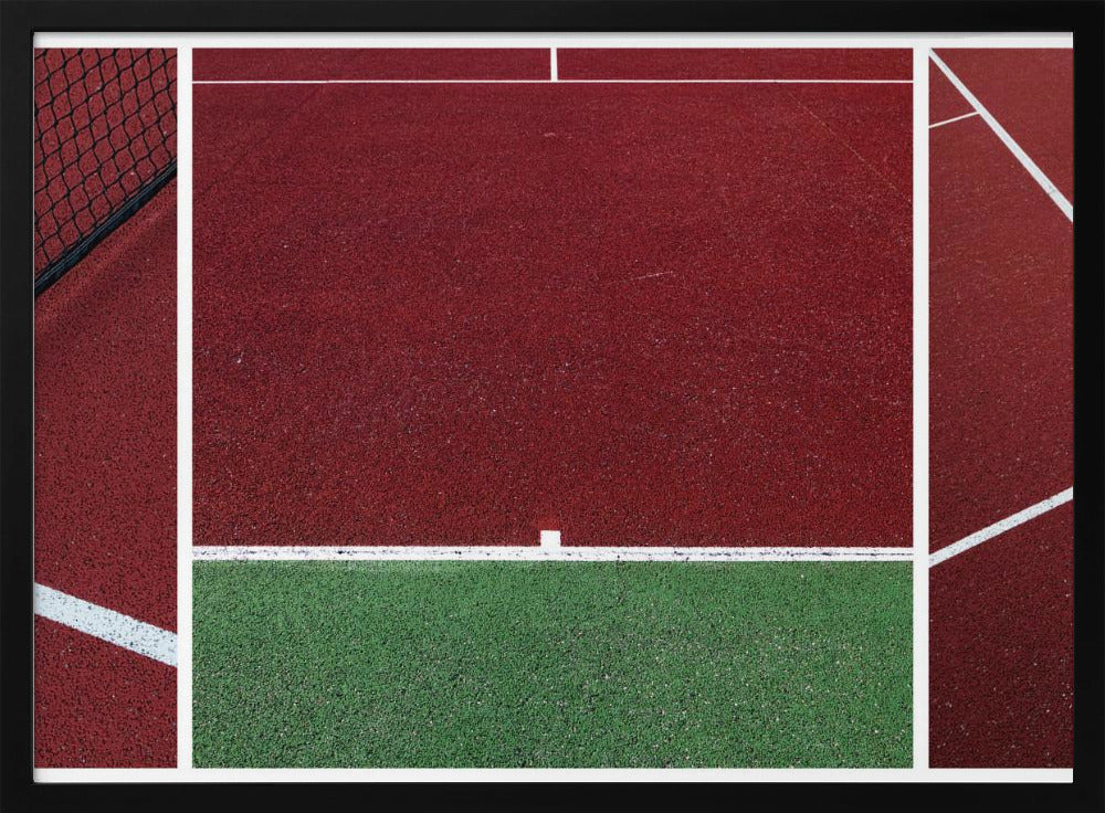 An abstract, framed triptych photograph showing an overhead view of a sports court. The image is divided into panels, featuring geometric blocks of deep red and green court surfaces, intersected by clean white boundary lines and a glimpse of a black net. Decor