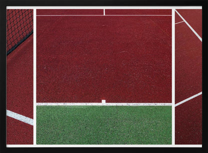 An abstract, framed triptych photograph showing an overhead view of a sports court. The image is divided into panels, featuring geometric blocks of deep red and green court surfaces, intersected by clean white boundary lines and a glimpse of a black net. Decor