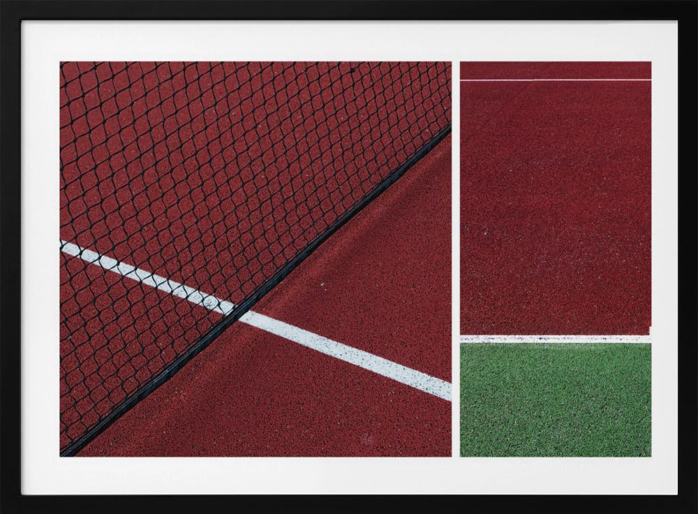 An abstract, framed triptych photograph showing an overhead view of a sports court. The image is divided into panels, featuring geometric blocks of deep red and green court surfaces, intersected by clean white boundary lines and a glimpse of a black net. Decor