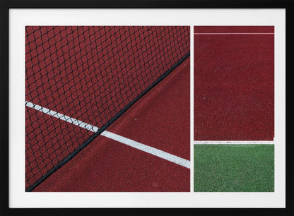 An abstract, framed triptych photograph showing an overhead view of a sports court. The image is divided into panels, featuring geometric blocks of deep red and green court surfaces, intersected by clean white boundary lines and a glimpse of a black net. Decor