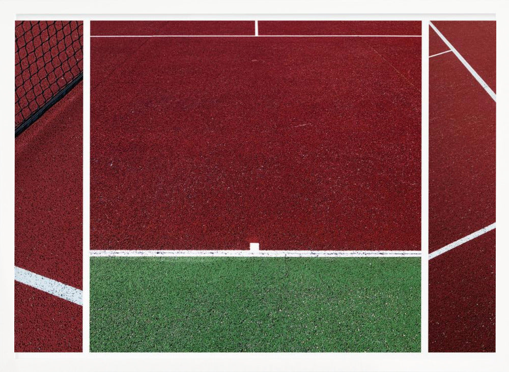 An abstract, framed triptych photograph showing an overhead view of a sports court. The image is divided into panels, featuring geometric blocks of deep red and green court surfaces, intersected by clean white boundary lines and a glimpse of a black net. Decor