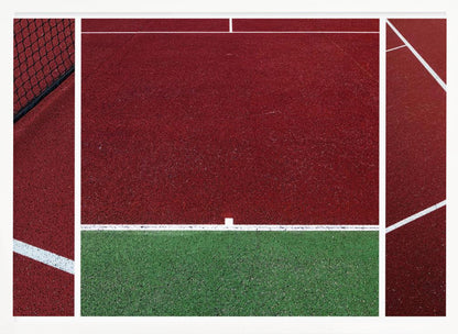 An abstract, framed triptych photograph showing an overhead view of a sports court. The image is divided into panels, featuring geometric blocks of deep red and green court surfaces, intersected by clean white boundary lines and a glimpse of a black net. Decor