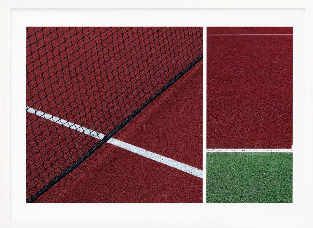 An abstract, framed triptych photograph showing an overhead view of a sports court. The image is divided into panels, featuring geometric blocks of deep red and green court surfaces, intersected by clean white boundary lines and a glimpse of a black net. Decor