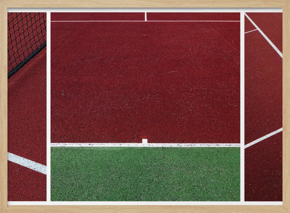 An abstract, framed triptych photograph showing an overhead view of a sports court. The image is divided into panels, featuring geometric blocks of deep red and green court surfaces, intersected by clean white boundary lines and a glimpse of a black net. Decor